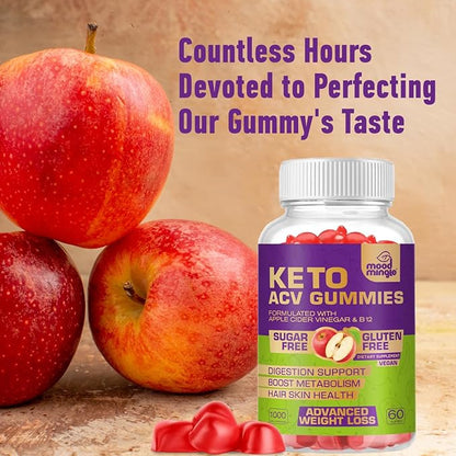 Keto ACV Gummies for Advanced Weight Loss - Gluten & Sugar-Free Apple Cider Vinegar Rapid Fat Burner Diet Supplement for Women Men - 60 Gummies (1000MG)