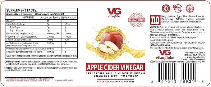 VitaGlobe Apple Cider Vinegar 500mg with B6, B12 and Folate Gummy with Mother - Formulated for Healthy Calorie Loss and Energy Supplement, 60 Count (Sugar-Free)