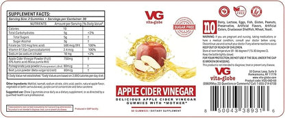 VitaGlobe Apple Cider Vinegar 500mg with B6, B12 and Folate Gummy with Mother - Formulated for Healthy Calorie Loss and Energy Supplement, 60 Count (Sugar-Free)