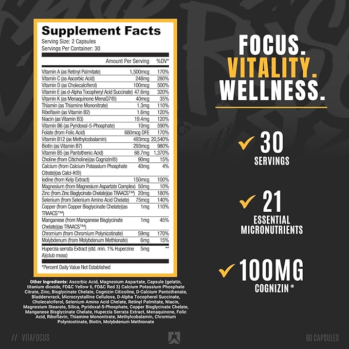 RYSE Core Series VitaFocus | Multivitamin + Nootropic | Total Brain & Body Support | with 13 Essential Vitamins & 8 Essential Minerals | 60 Capsules