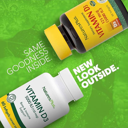 Natures Plus Vitamin D3 (Cholecalciferol) - 5000 iu, 60 Softgels - Bone Health, Heart Health & Immune System Support Supplement, Bioavailable Active Form - Gluten-Free - 60 Servings