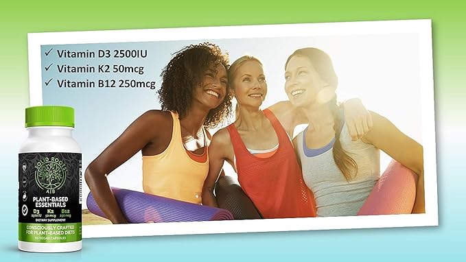 SOLID ROOTS Vegan Vitamin D3 + K2 +B12 for Bones, Heart, Skin, Teeth Plant-Based Multivitamin Essentials