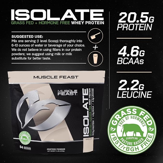 Muscle Feast Grass-Fed Whey Protein Isolate, All Natural Hormone Free Pasture Raised, Vanilla, 5lb (94 Servings)