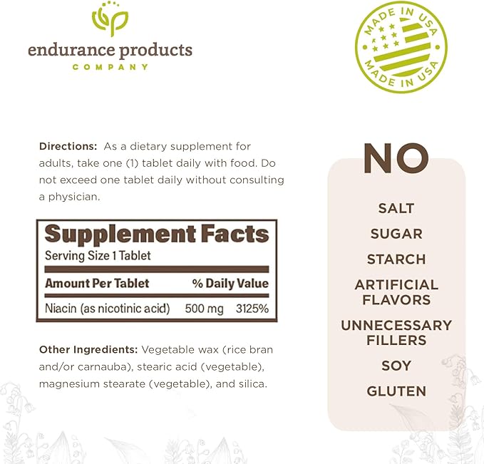 ENDUR-ACIN, Extended Release Niacin for Optimal Absorption & Low-Flush Vitamin B3 Niacin 500mg, Premium Niacin Supplement Made in USA, 200 Tablets