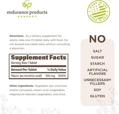 ENDUR-ACIN, Extended Release Niacin for Optimal Absorption & Low-Flush Vitamin B3 Niacin 500mg, Premium Niacin Supplement Made in USA, 200 Tablets