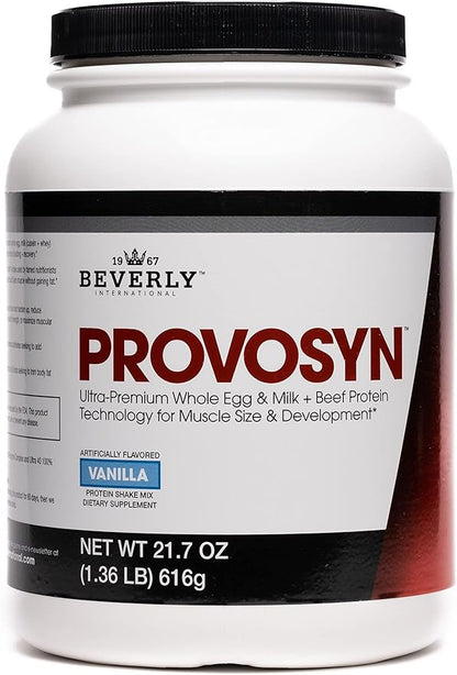 PROVOSYN. The Original Ultra-Premium Whole Egg, Milk (Casein + Whey) and Beef Protein Powder. Fast Muscle Building + Recovery. Perfect for Hard Gainers. Vanilla Flavor, 616 g The Mature Users Protein.