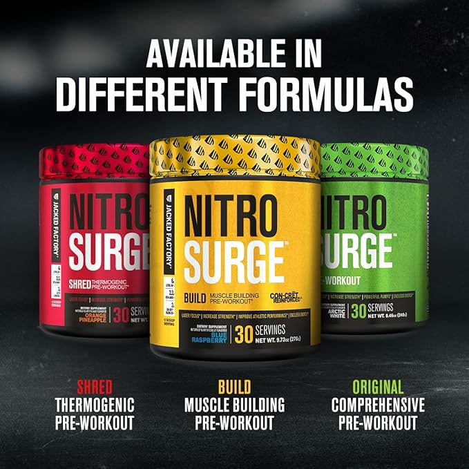 Jacked Factory Nitrosurge Build Pre Workout with Creatine for Muscle Building - Con Cret Creatine Powder & elevATP for Intense Energy, Powerful Pump, & Endless Endurance - 30 Servings, Blue Raspberry