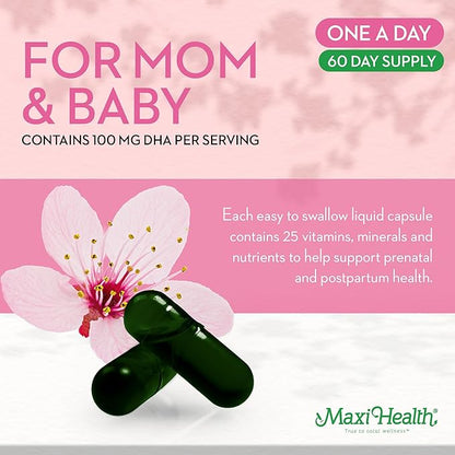 Maxi Health - Methyl Prenatal DHA Prenatal Vitamins Women - Doctor Formulated, Kosher, Gluten Free Prenatal Multivitamin with 25 Nutrients Including DHA, Folic Acid & More, 60 Liquid Caps