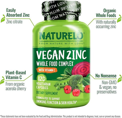 NATURELO Vegan Zinc Whole Food Complex Supplement with Vitamin C for Immune Support and Healthy Skin, Hair, and Nails - 120 Capsules