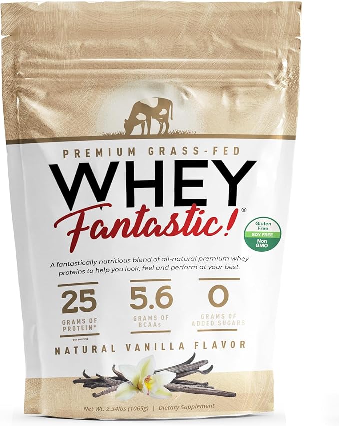 Whey Fantastic Vanilla - 100% Natural Grass Fed Whey Protein Powder - Unique 3-Whey Blend of Whey Isolate, Concentrate & Hydrolysate Provides 25g of Protein per Serving - 2.34lb-28 Servings