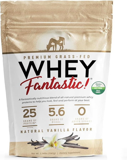 Whey Fantastic Vanilla - 100% Natural Grass Fed Whey Protein Powder - Unique 3-Whey Blend of Whey Isolate, Concentrate & Hydrolysate Provides 25g of Protein per Serving - 2.34lb-28 Servings
