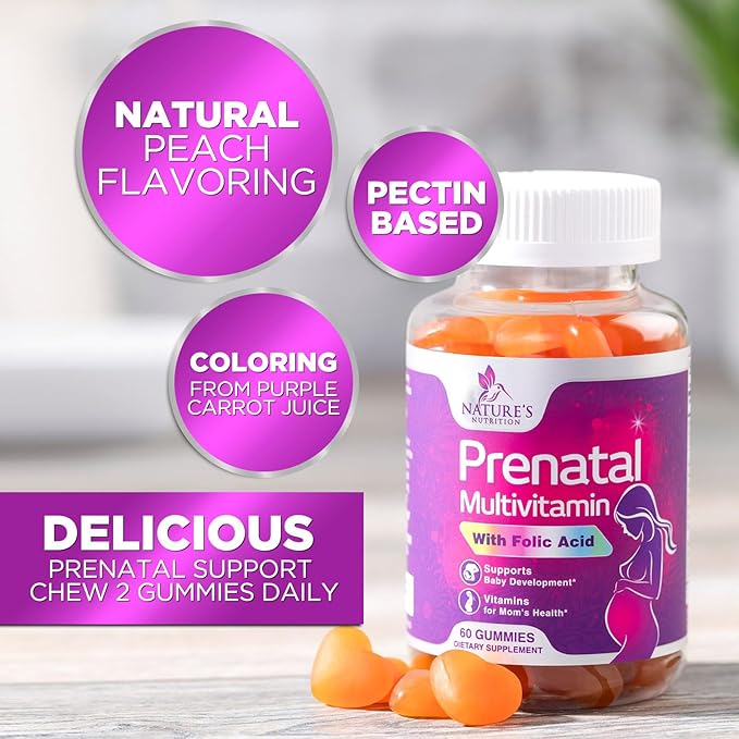 Prenatal Gummy with Folic Acid, Prenatal Vitamins and Minerals for Fetal Support, Vitamin A, C, D3, B12, B6 & Folate, Prenatal Multivitamin for Pregnant & Nursing Women - 60 Gummies, 30 Day Supply