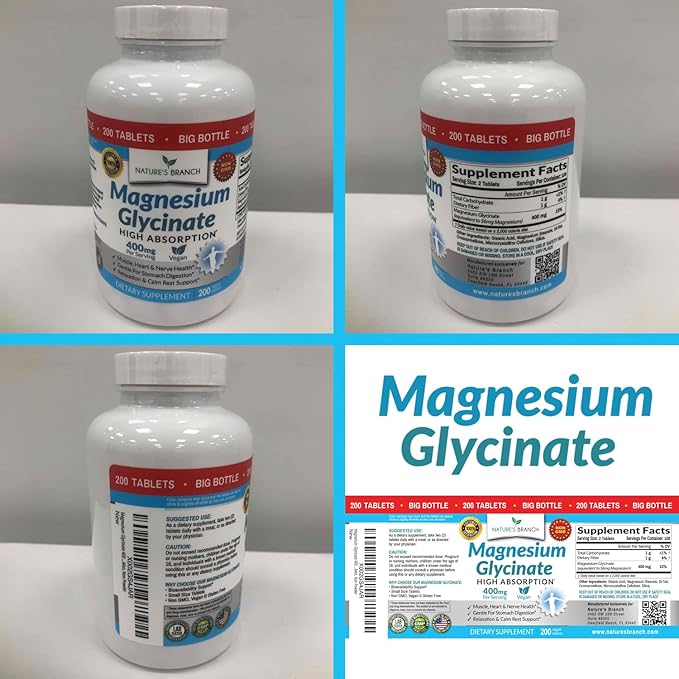 Magnesium Glycinate 400 mg - 200 Tablets - High Absorption, Non Buffered Bisglycinate Mag Supplement for Sleep, Leg Cramps, Heart, Ease Muscles, Calm Headaches for Women and Men, Non Powder Capsules