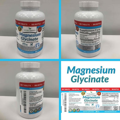 Magnesium Glycinate 400 mg - 200 Tablets - High Absorption, Non Buffered Bisglycinate Mag Supplement for Sleep, Leg Cramps, Heart, Ease Muscles, Calm Headaches for Women and Men, Non Powder Capsules