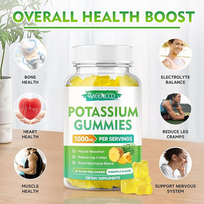 Potassium Citrate Gummies 1000mg, High Potency Potassium Supplement Gummies for Adults Women & Men, Potassium Gummies Support Leg Cramps & Muscle Health, Sugar-Free, Pineapple Flavor, 120 Count