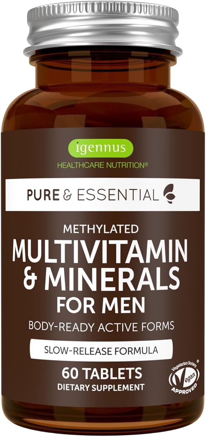 Methylated Men's Multivitamin, MTHFR Supplement with Active B-Vitamins, High Strength 2 a Day Multivitamin for Sustained Release, Added Lycopene, Clean Label, Non-GMO & Vegan 60 Tablets, by Igennus