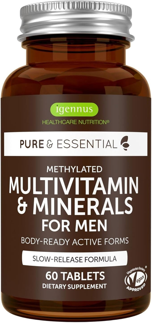 Methylated Men's Multivitamin, MTHFR Supplement with Active B-Vitamins, High Strength 2 a Day Multivitamin for Sustained Release, Added Lycopene, Clean Label, Non-GMO & Vegan 60 Tablets, by Igennus