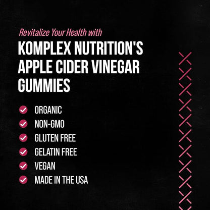 KompleX Nutrition Apple Cider Vinegar Gummies, Improve Digestion, Detox, 1000mg ACV Powder with Mother, 60 Vegan and Gluten-Free Supplement Gummies (ACV GUM)