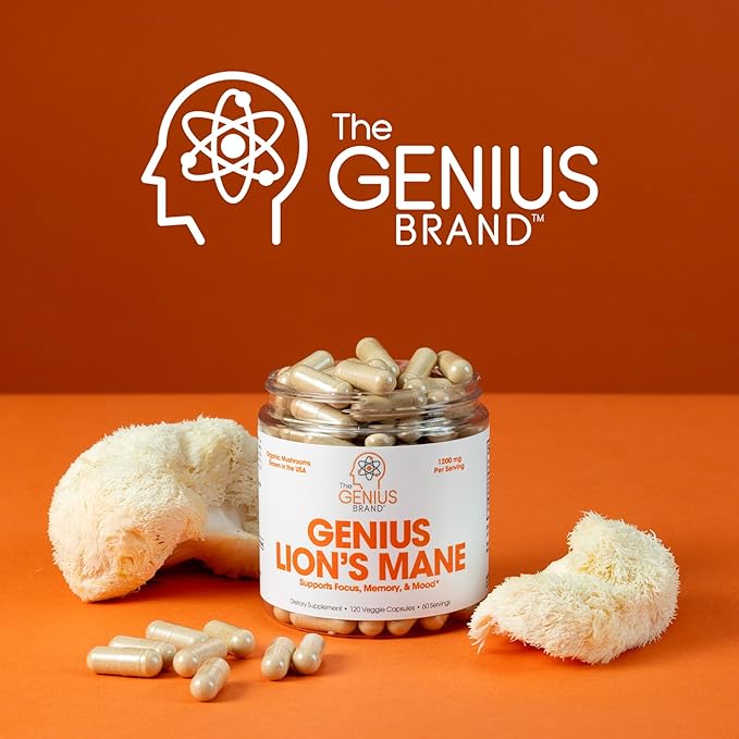 Genius Lions Mane Cognition Vitamins Supplement Capsules - Organic Nootropic Supplement, 1200mg per Serving – 120 Veggie Pills