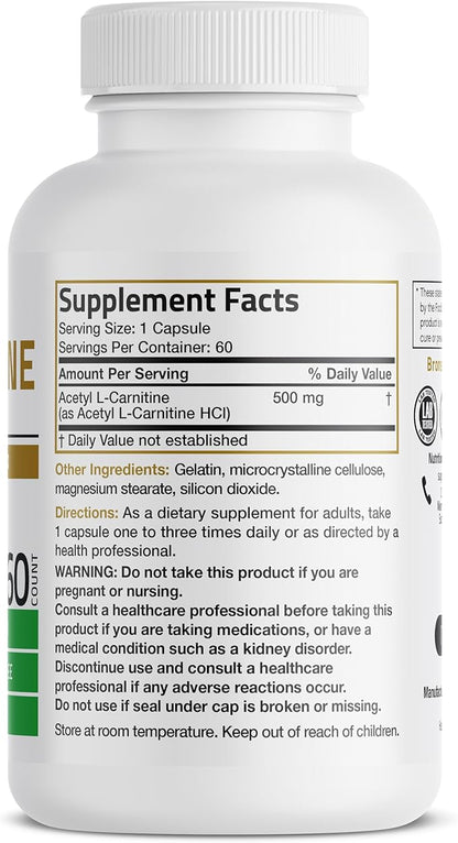 Bronson Acetyl L-Carnitine 500 MG High Potency Amino Acid Non-GMO, 60 Capsules