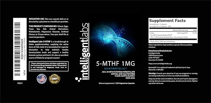 Intelligent Labs 1MG 5-MTHF Methylfolate, 120 Capsules, 4 Months Supply, Best Value Folic Acid Supplement as Quatrefolic Acid, Activated Folate, 1MG = 1000mcg, 5 methyltetrahydrofolate
