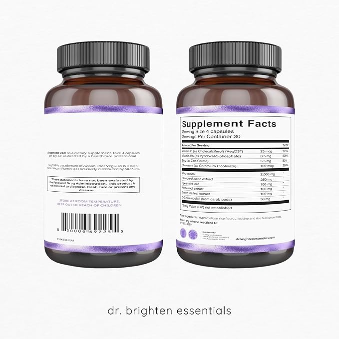 Dr. Brighten Myoinositol Plus - Doctor Formulated Ratio of Myo- and D-Chiro-Inositol to Support PCOS Symptoms, Hormone Balance, Healthy Ovarian Function, and Regular Menstrual Cycles