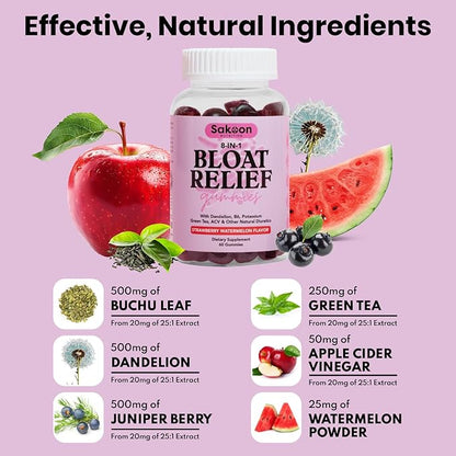 Sakoon nutrition Bloating Relief Gummies for Women - Green Tea, ACV, Dandelion, Buchu Leaf, Natural Digestion Support, 60 Gummies, Watermelon Flavor