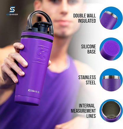 Ice Shaker Insulated Stainless Steel Shaker Bottle | 26oz, Purple | Cold for 30+ Hours | Insulated Cup with Twist-on Agitator | Odor-Free Shaker Cup for Protein Shakes, Water, Smoothies, Cocktails
