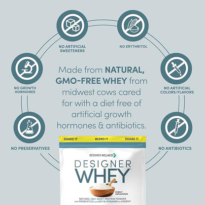 Designer Wellness, Designer Whey, Natural Whey Protein Powder with Probiotics, Fiber, and Key B-Vitamins for Energy, Gluten-Free, Purely Unflavored, 2 lb