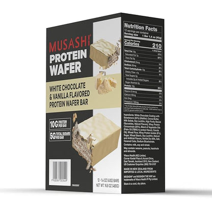 MUSASHI Protein Wafer Bar, 10g Protein, 5g Total Sugars, White Chocolate & Vanilla, Post Workout and Protein Snack On The Go, 12 Pack of 1.4oz (40g) Bars