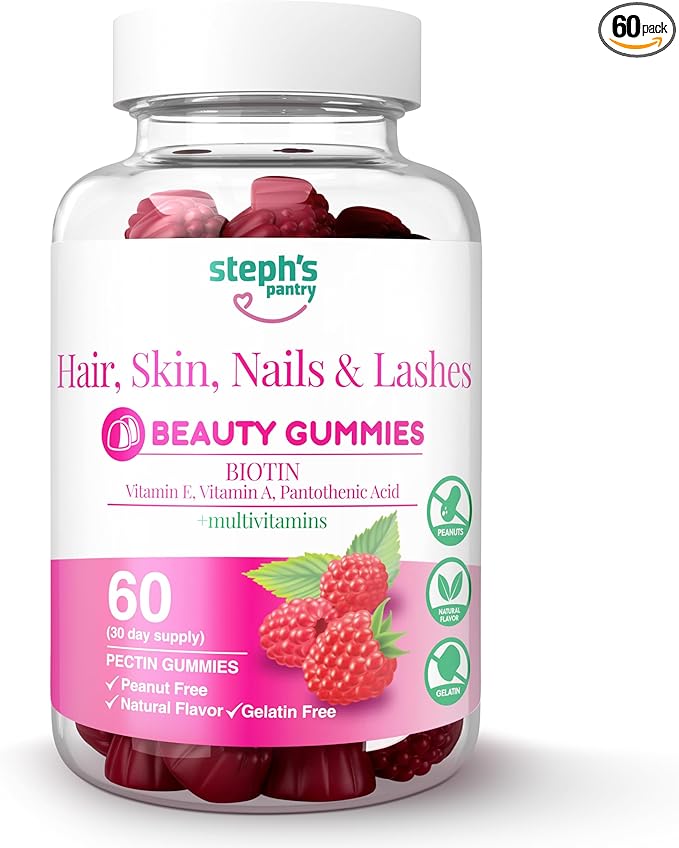 Steph's Pantry Biotin Gummies for Hair, Skin, Nails, & Lashes High Strength Gummies | Daily Multivitamins | Gluten-Free, Nut-Free, Non-GMO, Plant-Based, Vegan, Kosher | (60 Gummies)