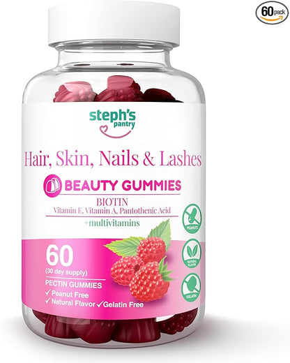 Steph's Pantry Biotin Gummies for Hair, Skin, Nails, & Lashes High Strength Gummies | Daily Multivitamins | Gluten-Free, Nut-Free, Non-GMO, Plant-Based, Vegan, Kosher | (60 Gummies)