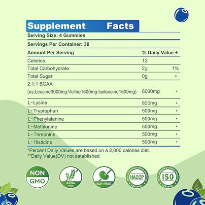 EAA Gummies 120 Gummies (Blueberry), 9000 mg Essential Amino Acids - All 9 Essential Aminos (EAA) and All Branched-Chain Aminos (BCAAs), Non-GMO, Gluten Free, Vegetarian Friendly