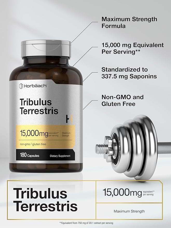 Horbäach Tribulus Terrestris for Men 15000mg | 180 Capsules | Maximum Strength | Non-GMO, Gluten Free Extract Supplement
