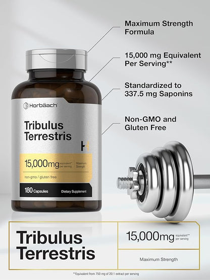 Horbäach Tribulus Terrestris for Men 15000mg | 180 Capsules | Maximum Strength | Non-GMO, Gluten Free Extract Supplement