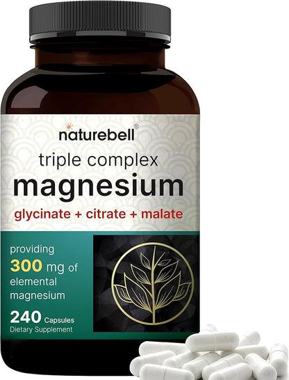 Triple Complex Magnesium Supplement, 240 Capsules | Magnesium Glycinate 500mg with Citrate & Malate | Chelated & Purified | Bone, Heart, & Muscle Support | Non-GMO