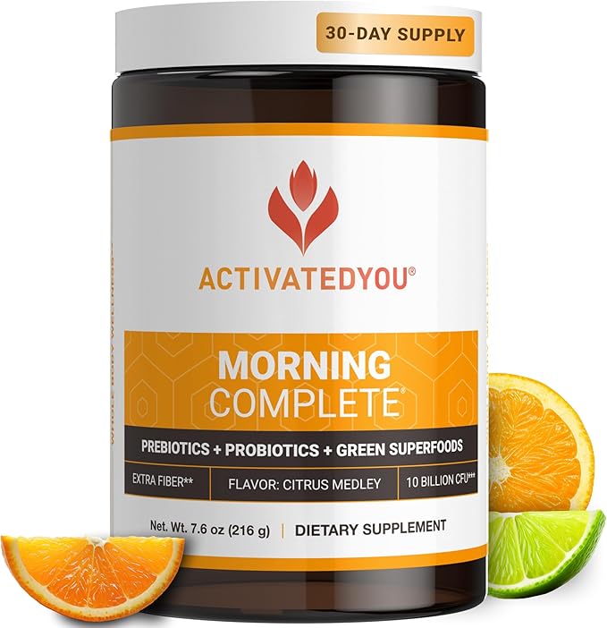 ACTIVATEDYOU Morning Complete Daily Wellness Greens Superfood Drink Mix for Gut Health w/Prebiotics, Probiotics, Antioxidants, Green Superfoods, 10 Billion CFUs, 30 Servings (Citrus)