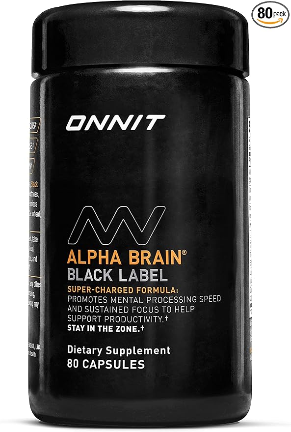 ONNIT Alpha Brain Black Label Capsule (80ct) Premium Citicoline Brain Supplement - Focus, Concentration & Memory - Lion's Mane, Hericium Erinaceus, L Theanine & Mucuna Pruriens