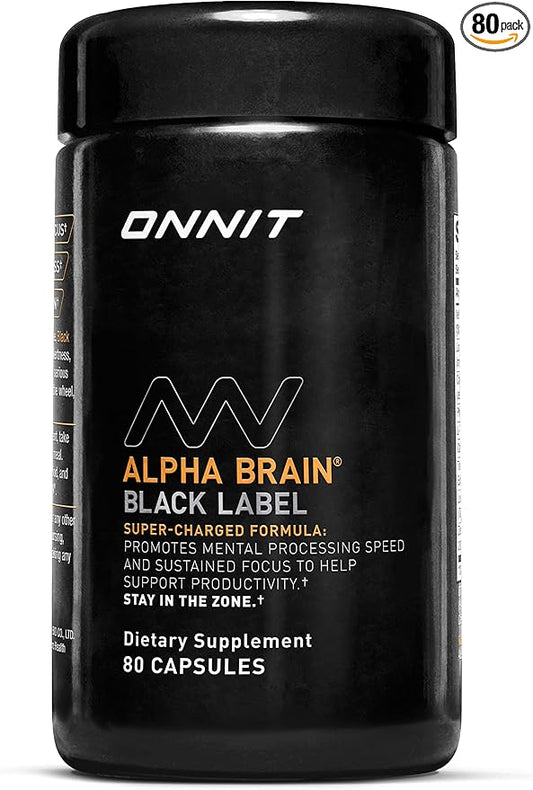 ONNIT Alpha Brain Black Label Capsule (80ct) Premium Citicoline Brain Supplement - Focus, Concentration & Memory - Lion's Mane, Hericium Erinaceus, L Theanine & Mucuna Pruriens