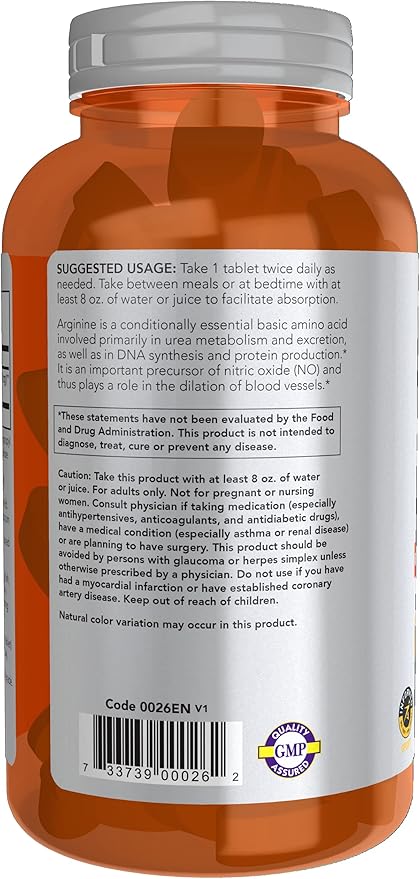 NOW Foods Sports Nutrition, L-Arginine Double Strength 1000mg, Nitric Oxide Precursor, Amino Acids, 180 Tablets