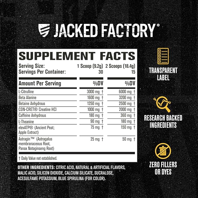 Jacked Factory Nitrosurge Build Pre Workout with Creatine for Muscle Building - Con Cret Creatine Powder & elevATP for Intense Energy, Powerful Pump, & Endless Endurance - 30 Servings, Blue Raspberry