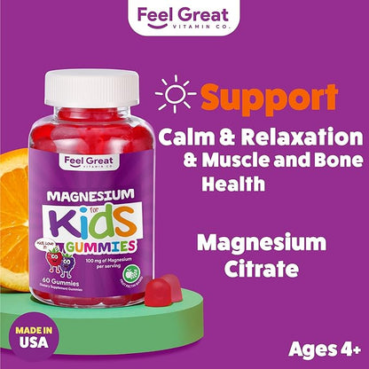 Feel Great Kids Calm Magnesium Gummies - Magnesium Supplement for Children - Magnesium Citrate Gummies - 60 Count