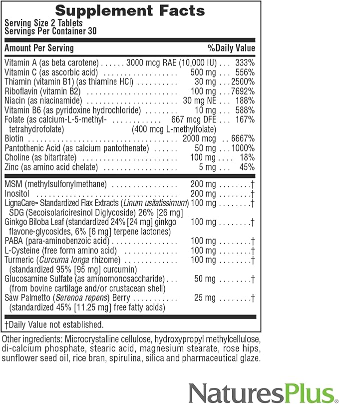NaturesPlus Women's Ultra Hair Plus, Sustained Release - 60 Tablets - All-Natural Hair Growth Supplement - with Biotin - Promotes Healthy Hair, Skin & Nails - Gluten-Free - 30 Servings