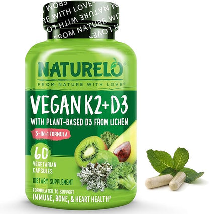 NATURELO Vitamin D3 K2 - Vegan K2+D3 with Plant Based D3 from Lichen - Natural D3 Supplement for Immune System, Bone Support, Heart Health - Whole Food - Non-GMO - Gluten Free, 60 Capsules