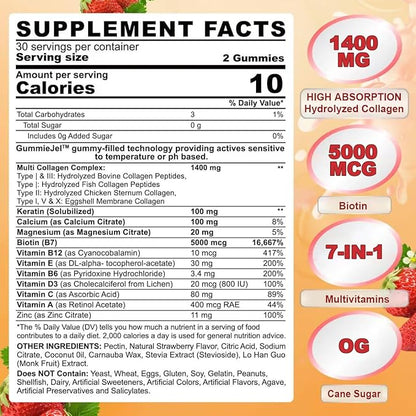 Sugar Free Hydrolyzed Collagen Peptides Gummies for Women, Multi Hydrolyzed Collagen Type I II III V X Supplement w/Keratin Calcium Magnesium for Hair, Skin & Nails, Healthy Joints, Anti-Aging, 60cts