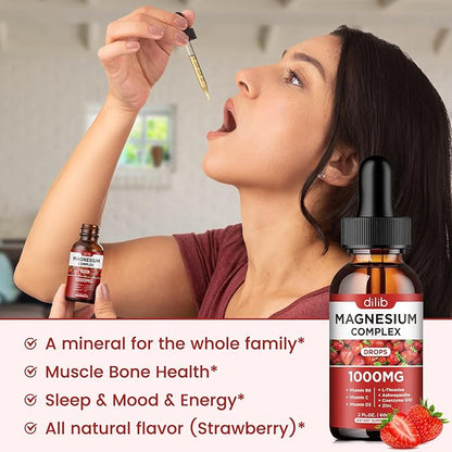 Triple Magnesium Complex Supplement, Magnesium Glycinate, Blend, Citrate Liquid Drops 1000mg with Ashwagandha, CoQ10, Vitamin B6, C, D, Zinc -Support Calm Stress Relief, Bone, Muscle, Mood Vegan