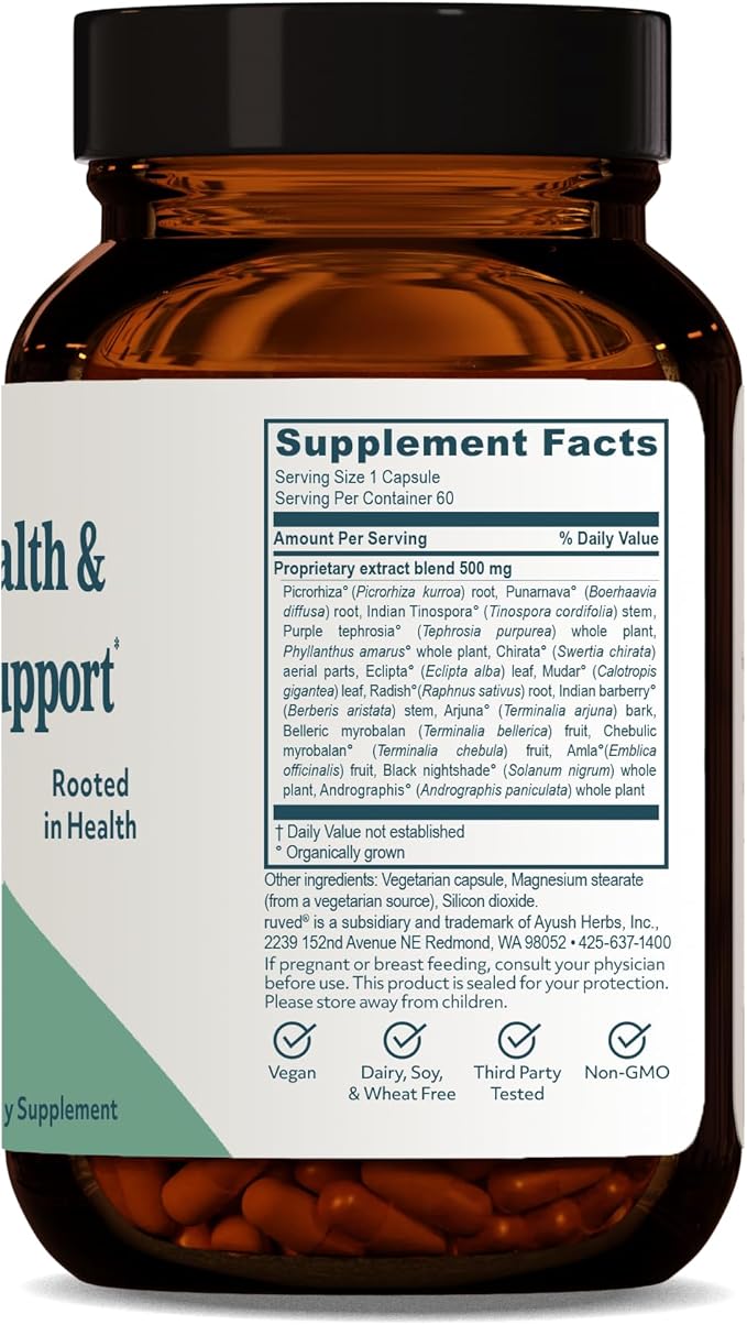 Ruved Livtone, Powerful Doctor-Formulated Liver Support with Berberine, Andrographis and Amla, Ayurvedic Herbal Supplement for Detoxification and Gastrointestinal Health, 60 Vegetarian Capsules