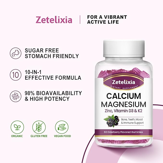 Calcium Gummies for Women Men, Calcium Magnesium Zinc with Vitamin D3 & K2, Calcium Magnesium Supplement for Bones Muscles and Joints, Elderberry Flavor - 60 Count
