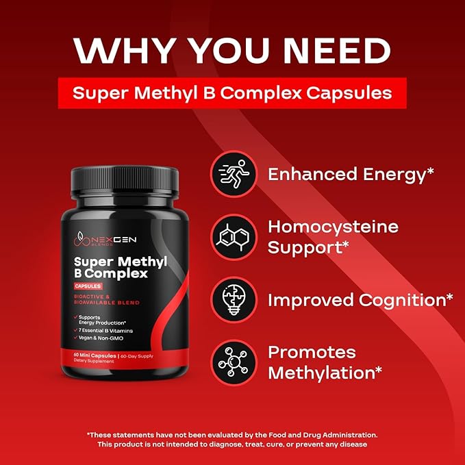 Methylated B Complex Vitamin Supplement - Bioactive Methyl B Complex with 5-MTHF Methyl Folate & B12 Methylcobalamin for Brain Heart Energy & Homocysteine Support - Super Vitamin B Complex - 60 Caps