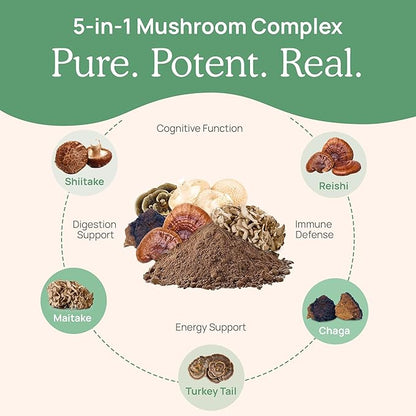 Real Mushrooms 5 Defenders Powder - Organic Mushroom Extract w/ Chaga, Shiitake, Maitake, Turkey Tail, & Reishi - Mushroom Supplement - Vegan, Non-GMO, 45 Servings